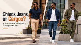 Three men's outfits styled with chinos, jeans and cargo pants for different occasions