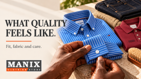Hands inspecting the cuff of a blue striped Tommy Hilfiger shirt beside a red Calvin Klein polo, dark Levi’s jeans and khaki chinos.