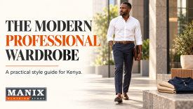 Modern men's professional wardrobe with a shirt, tailored trousers and smart shoes.