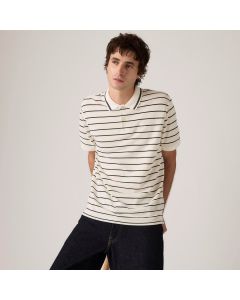 Levi's® Men's Original Polo 005FM-0012 in Teddy Stripe Egret White, made from 100% cotton pique with a standard fit, short sleeves, and striped detailing.