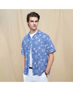 GIORDANO LINEN PRINT SS RLX SHIRT 01046206 DKBLUEWHITE 90