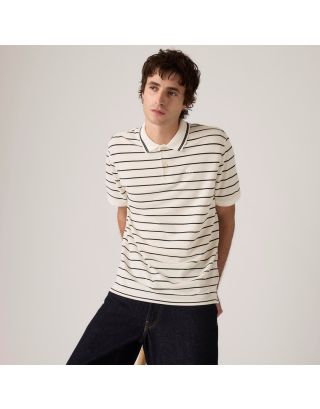 Levi's® Men's Original Polo 005FM-0012 in Teddy Stripe Egret White, made from 100% cotton pique with a standard fit, short sleeves, and striped detailing.