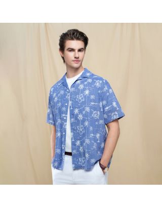 GIORDANO LINEN PRINT SS RLX SHIRT 01046206 DKBLUEWHITE 90