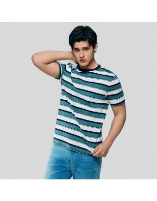 GIORDANO SLIM STRIPE TEE 01026630 SNOW WHITE SMOKY EMARALD NEW NAVY 92