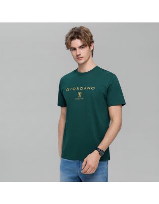 Giordano Men's Signature Slim Short-Sleeve Graphic T-Shirt 01096201 in Midnight Jade, made from 100% cotton with a crew neckline, slim fit, and distinctive graphic design.