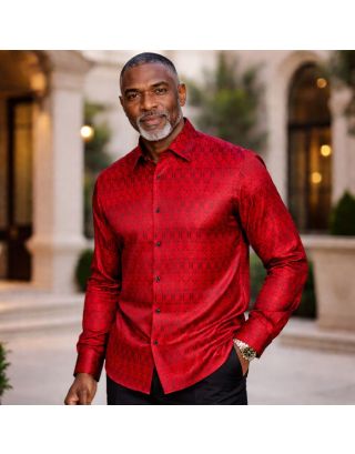 Presidential African Shield Red Jacquard Satin Formal Shirt for Men with classic collar and African-inspired pattern