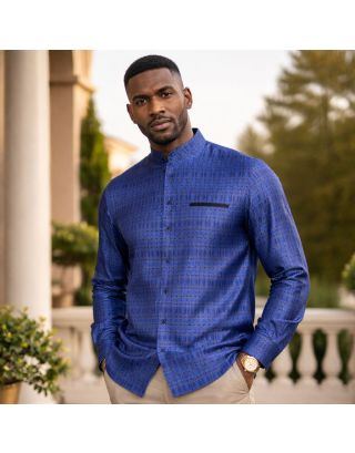 Royal blue African shield jacquard satin formal shirt for men with mandarin collar and tailored fit