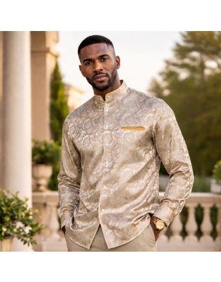 Light brown paisley jacquard satin formal shirt for men with mandarin collar and tailored fit
